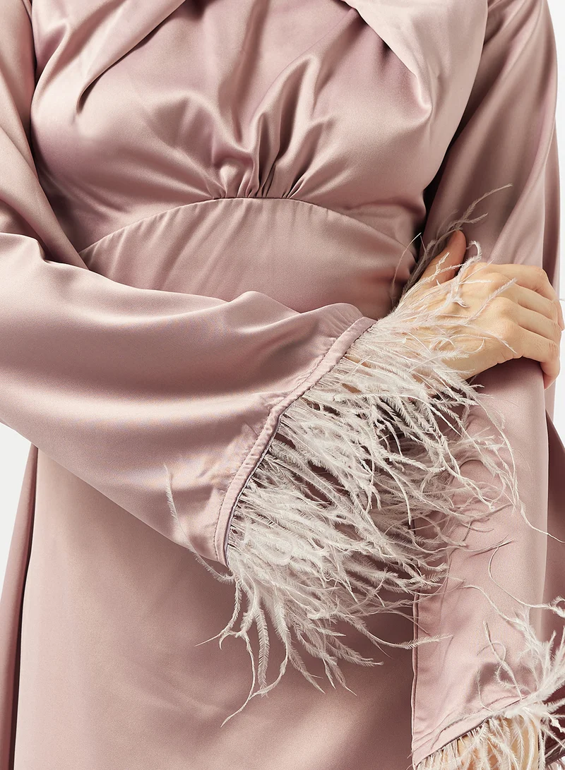 Namshi x  High Neck Evening Gown With Feather Trim for Women | Best Price UAE